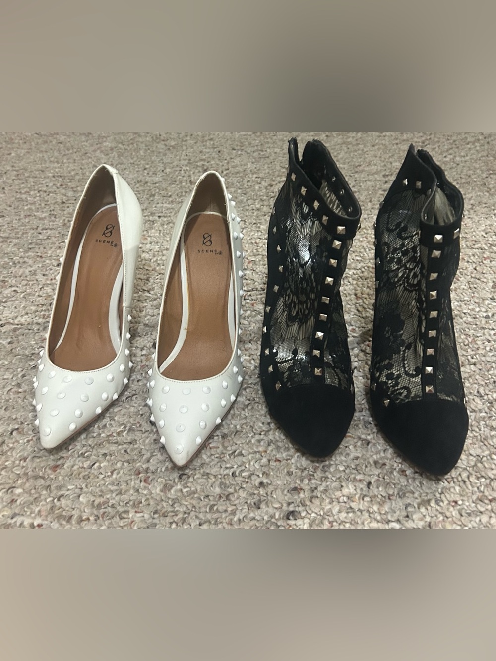 (2) Pairs, Black Lace Booties & White Pointed Toe Pumps Size 8.5